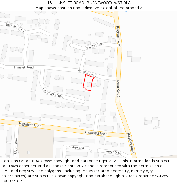 15, HUNSLET ROAD, BURNTWOOD, WS7 9LA: Location map and indicative extent of plot