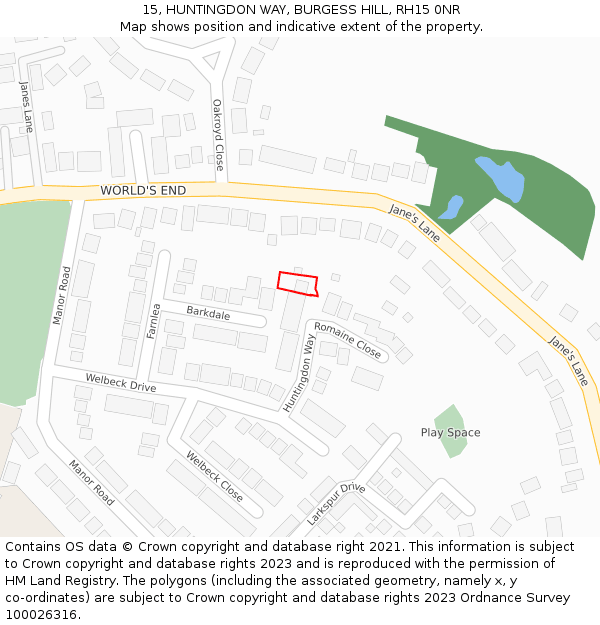 15, HUNTINGDON WAY, BURGESS HILL, RH15 0NR: Location map and indicative extent of plot