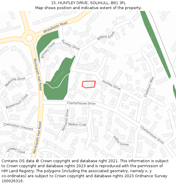 15, HUNTLEY DRIVE, SOLIHULL, B91 3FL: Location map and indicative extent of plot