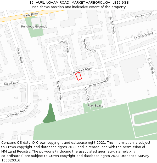 15, HURLINGHAM ROAD, MARKET HARBOROUGH, LE16 9GB: Location map and indicative extent of plot