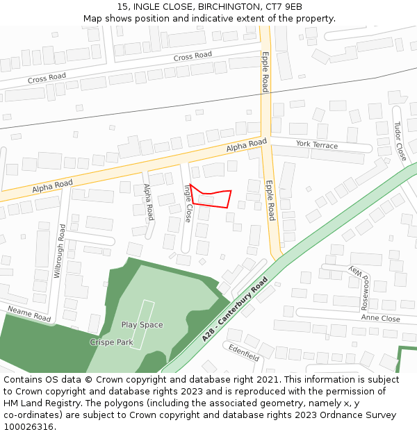 15, INGLE CLOSE, BIRCHINGTON, CT7 9EB: Location map and indicative extent of plot