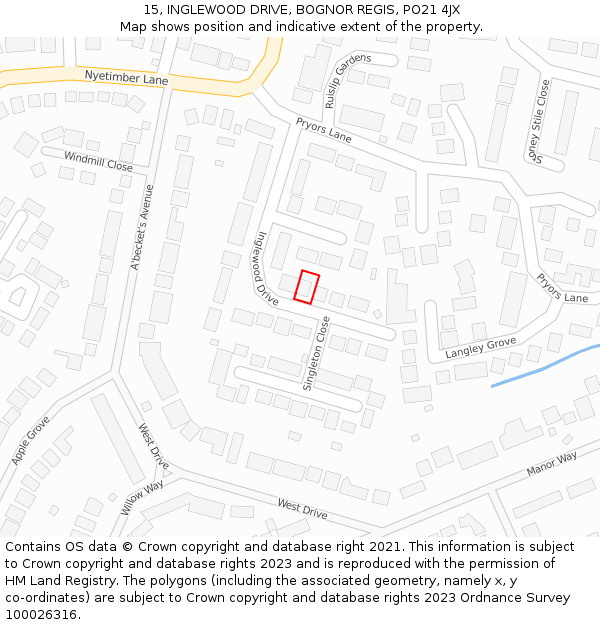 15, INGLEWOOD DRIVE, BOGNOR REGIS, PO21 4JX: Location map and indicative extent of plot