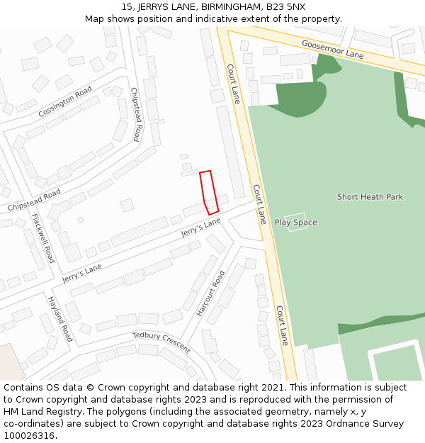 15, JERRYS LANE, BIRMINGHAM, B23 5NX: Location map and indicative extent of plot
