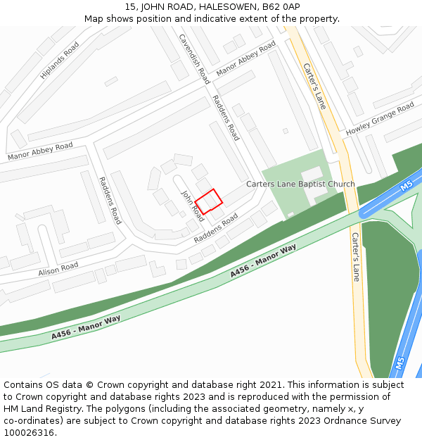 15, JOHN ROAD, HALESOWEN, B62 0AP: Location map and indicative extent of plot