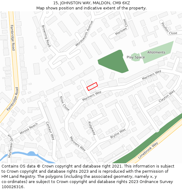 15, JOHNSTON WAY, MALDON, CM9 6XZ: Location map and indicative extent of plot