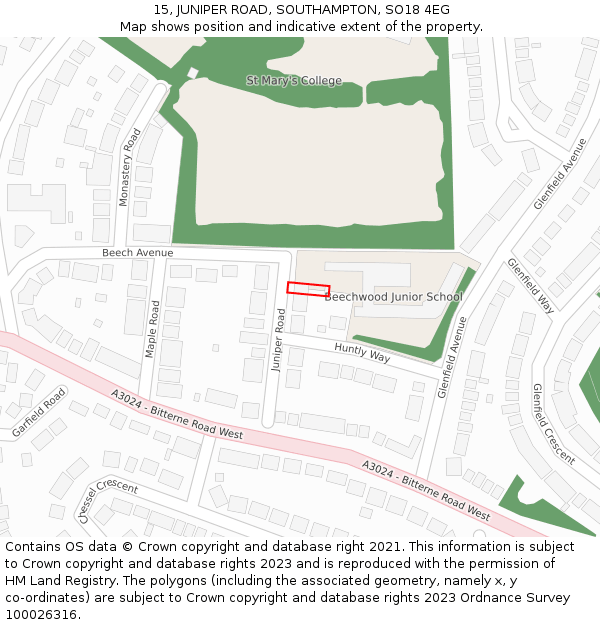 15, JUNIPER ROAD, SOUTHAMPTON, SO18 4EG: Location map and indicative extent of plot