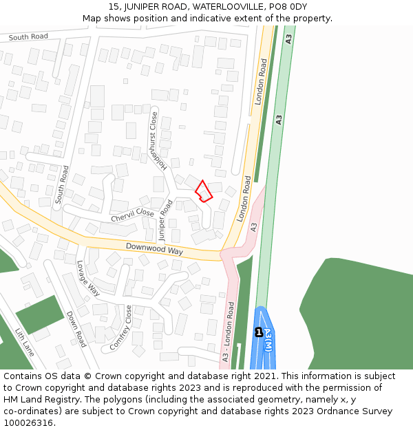15, JUNIPER ROAD, WATERLOOVILLE, PO8 0DY: Location map and indicative extent of plot