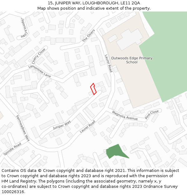 15, JUNIPER WAY, LOUGHBOROUGH, LE11 2QA: Location map and indicative extent of plot
