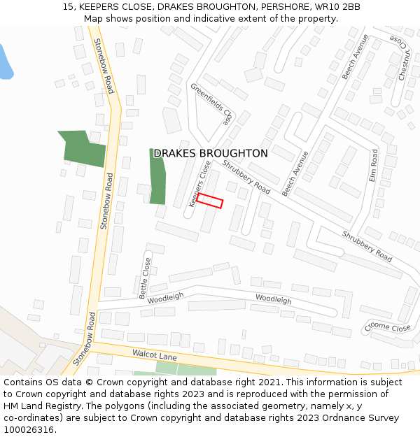 15, KEEPERS CLOSE, DRAKES BROUGHTON, PERSHORE, WR10 2BB: Location map and indicative extent of plot