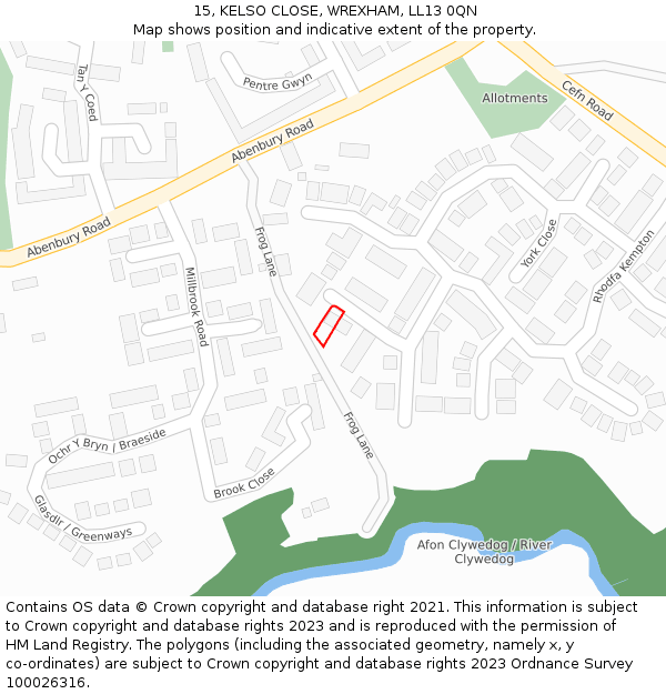 15, KELSO CLOSE, WREXHAM, LL13 0QN: Location map and indicative extent of plot