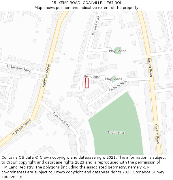 15, KEMP ROAD, COALVILLE, LE67 3QL: Location map and indicative extent of plot