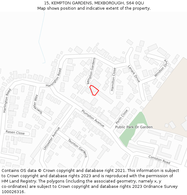 15, KEMPTON GARDENS, MEXBOROUGH, S64 0QU: Location map and indicative extent of plot