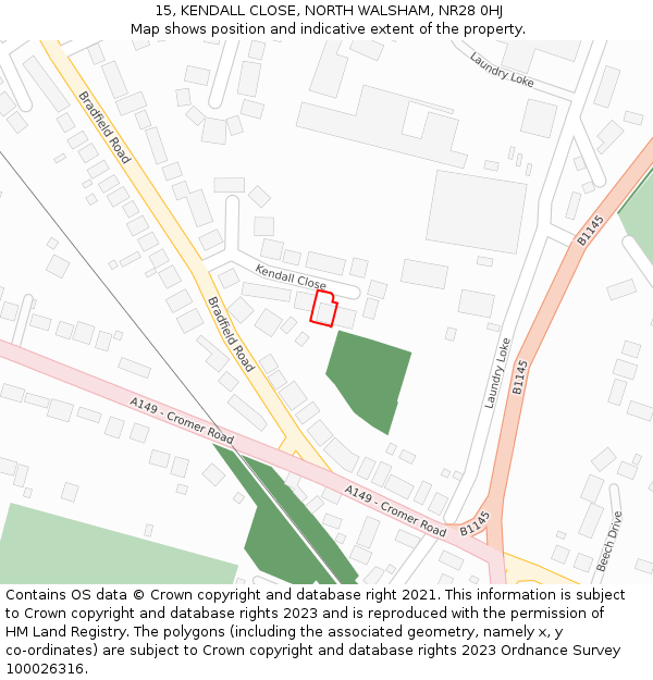 15, KENDALL CLOSE, NORTH WALSHAM, NR28 0HJ: Location map and indicative extent of plot