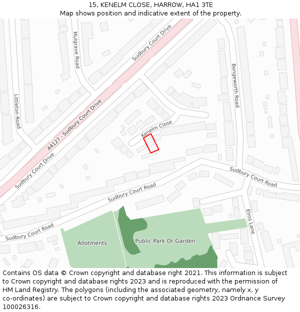 15, KENELM CLOSE, HARROW, HA1 3TE: Location map and indicative extent of plot