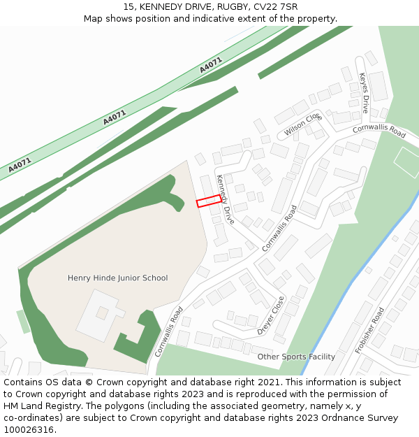 15, KENNEDY DRIVE, RUGBY, CV22 7SR: Location map and indicative extent of plot