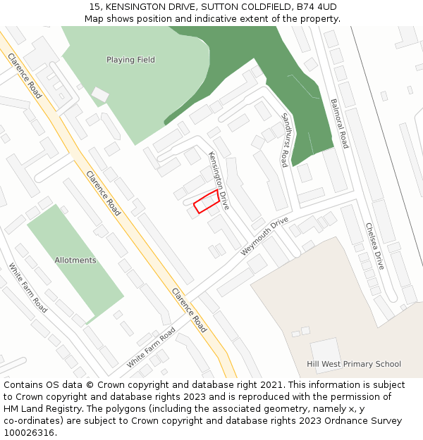 15, KENSINGTON DRIVE, SUTTON COLDFIELD, B74 4UD: Location map and indicative extent of plot