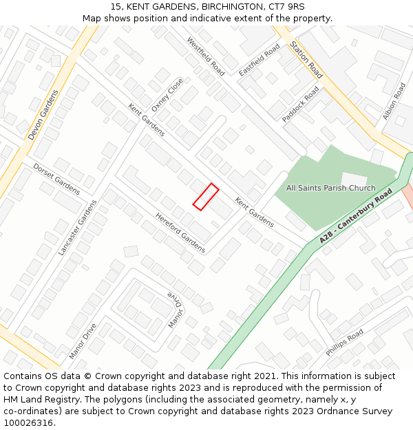 15, KENT GARDENS, BIRCHINGTON, CT7 9RS: Location map and indicative extent of plot