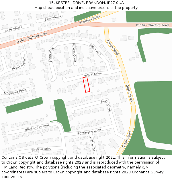 15, KESTREL DRIVE, BRANDON, IP27 0UA: Location map and indicative extent of plot