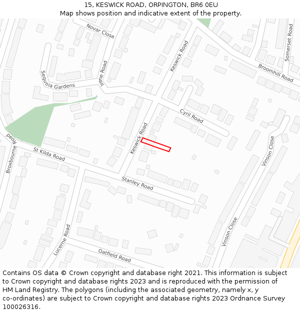 15, KESWICK ROAD, ORPINGTON, BR6 0EU: Location map and indicative extent of plot