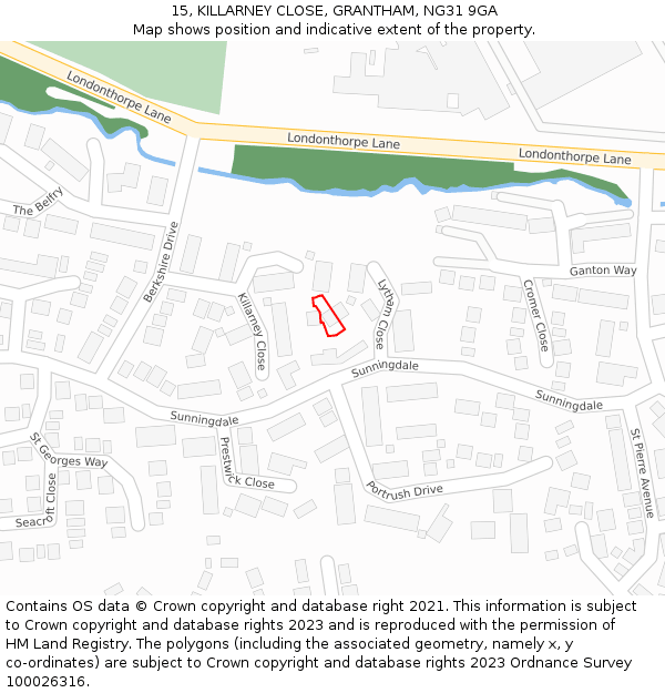 15, KILLARNEY CLOSE, GRANTHAM, NG31 9GA: Location map and indicative extent of plot