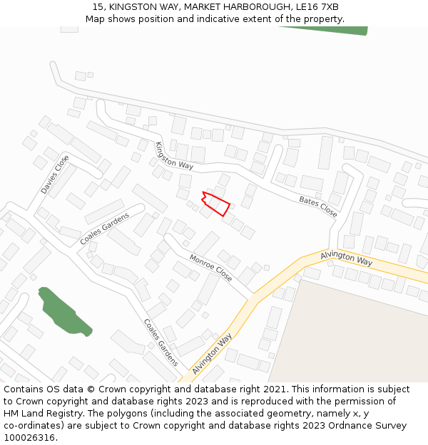 15, KINGSTON WAY, MARKET HARBOROUGH, LE16 7XB: Location map and indicative extent of plot