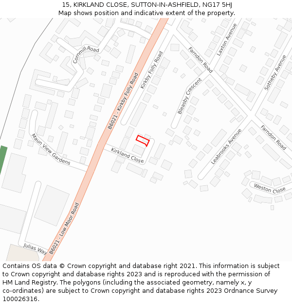 15, KIRKLAND CLOSE, SUTTON-IN-ASHFIELD, NG17 5HJ: Location map and indicative extent of plot