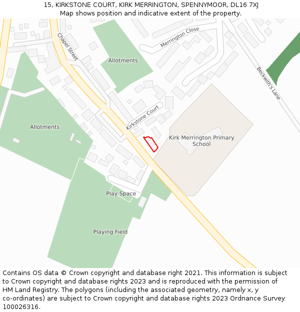 15, KIRKSTONE COURT, KIRK MERRINGTON, SPENNYMOOR, DL16 7XJ: Location map and indicative extent of plot