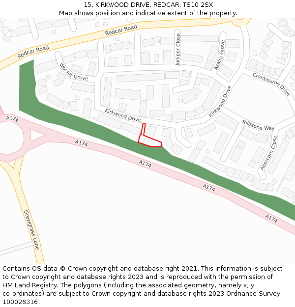 15, KIRKWOOD DRIVE, REDCAR, TS10 2SX: Location map and indicative extent of plot