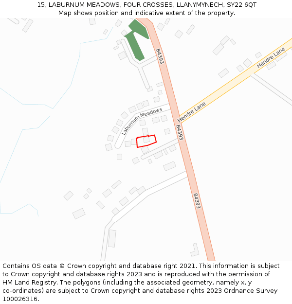 15, LABURNUM MEADOWS, FOUR CROSSES, LLANYMYNECH, SY22 6QT: Location map and indicative extent of plot