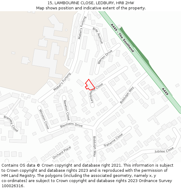 15, LAMBOURNE CLOSE, LEDBURY, HR8 2HW: Location map and indicative extent of plot