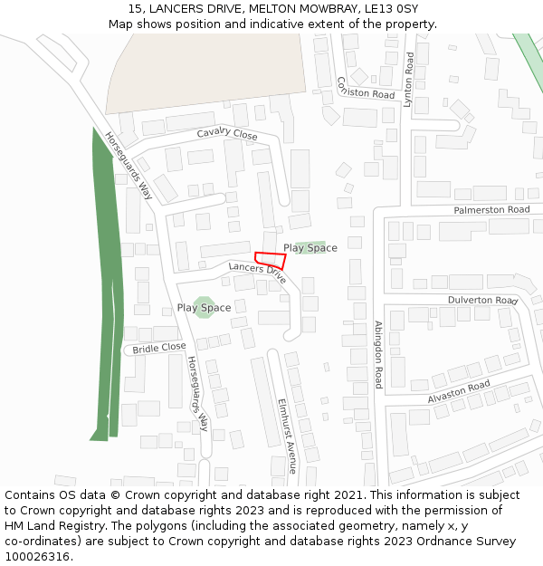 15, LANCERS DRIVE, MELTON MOWBRAY, LE13 0SY: Location map and indicative extent of plot