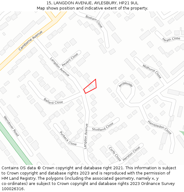 15, LANGDON AVENUE, AYLESBURY, HP21 9UL: Location map and indicative extent of plot