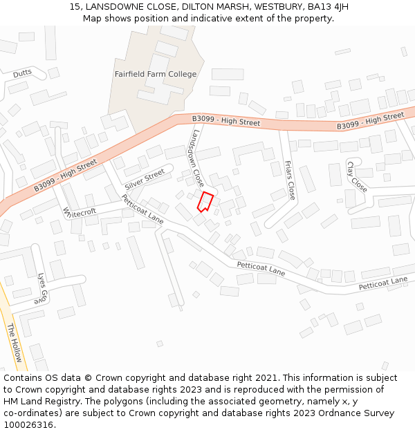 15, LANSDOWNE CLOSE, DILTON MARSH, WESTBURY, BA13 4JH: Location map and indicative extent of plot