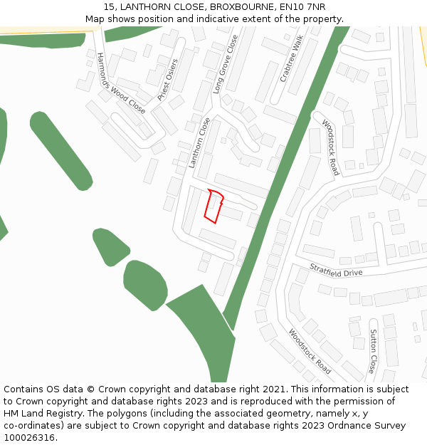 15, LANTHORN CLOSE, BROXBOURNE, EN10 7NR: Location map and indicative extent of plot