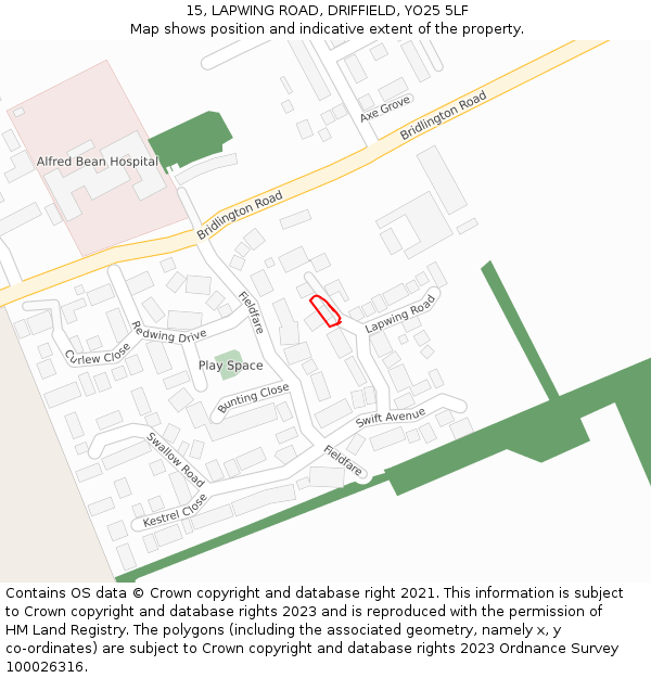 15, LAPWING ROAD, DRIFFIELD, YO25 5LF: Location map and indicative extent of plot