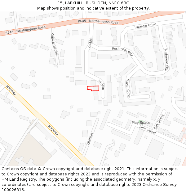 15, LARKHILL, RUSHDEN, NN10 6BG: Location map and indicative extent of plot