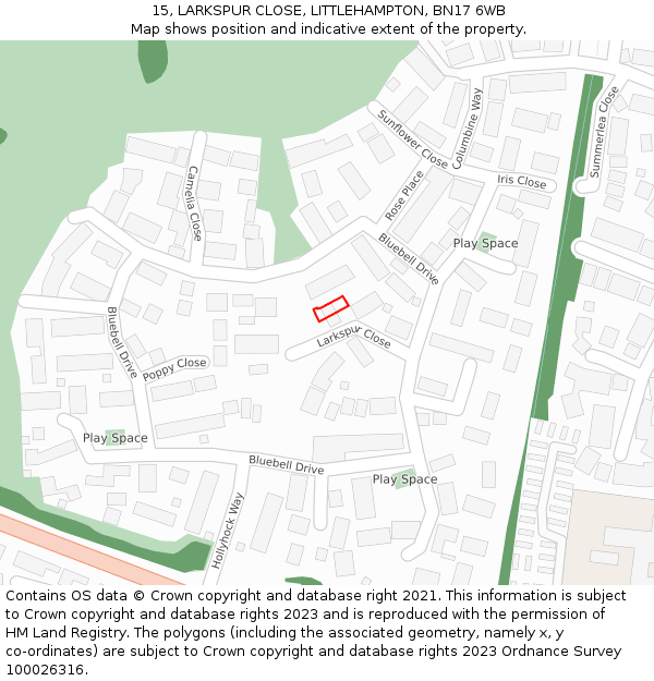 15, LARKSPUR CLOSE, LITTLEHAMPTON, BN17 6WB: Location map and indicative extent of plot