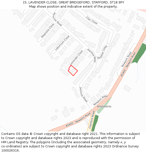 15, LAVENDER CLOSE, GREAT BRIDGEFORD, STAFFORD, ST18 9PY: Location map and indicative extent of plot