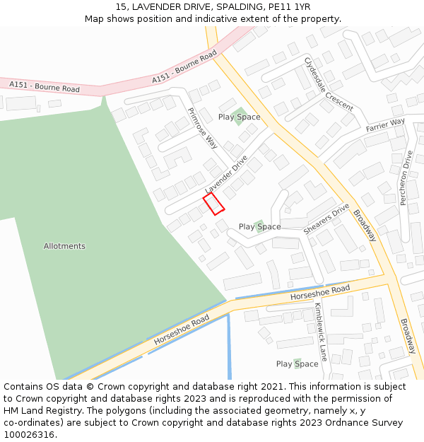 15, LAVENDER DRIVE, SPALDING, PE11 1YR: Location map and indicative extent of plot