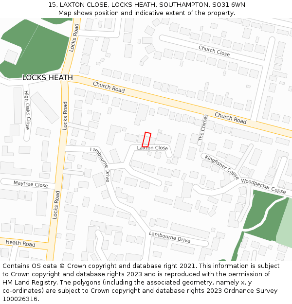 15, LAXTON CLOSE, LOCKS HEATH, SOUTHAMPTON, SO31 6WN: Location map and indicative extent of plot