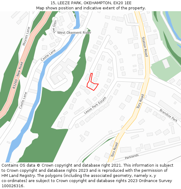 15, LEEZE PARK, OKEHAMPTON, EX20 1EE: Location map and indicative extent of plot