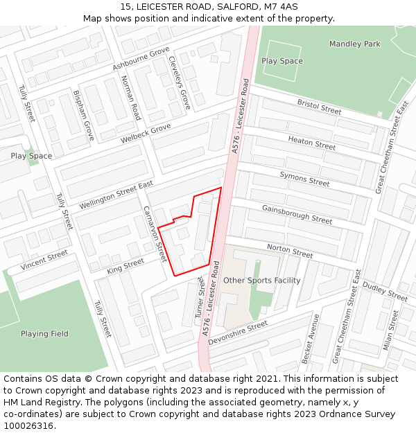 15, LEICESTER ROAD, SALFORD, M7 4AS: Location map and indicative extent of plot