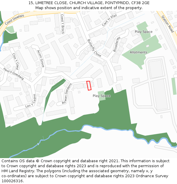 15, LIMETREE CLOSE, CHURCH VILLAGE, PONTYPRIDD, CF38 2GE: Location map and indicative extent of plot