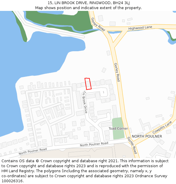 15, LIN BROOK DRIVE, RINGWOOD, BH24 3LJ: Location map and indicative extent of plot