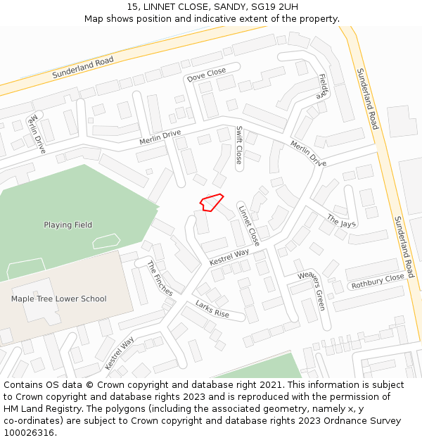 15, LINNET CLOSE, SANDY, SG19 2UH: Location map and indicative extent of plot