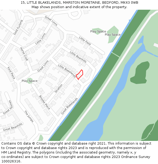 15, LITTLE BLAKELANDS, MARSTON MORETAINE, BEDFORD, MK43 0WB: Location map and indicative extent of plot