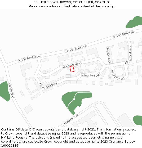 15, LITTLE FOXBURROWS, COLCHESTER, CO2 7UG: Location map and indicative extent of plot