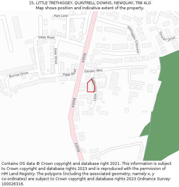 15, LITTLE TRETHIGGEY, QUINTRELL DOWNS, NEWQUAY, TR8 4LG: Location map and indicative extent of plot