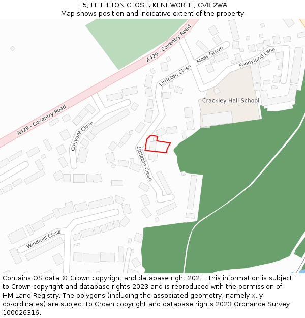15, LITTLETON CLOSE, KENILWORTH, CV8 2WA: Location map and indicative extent of plot