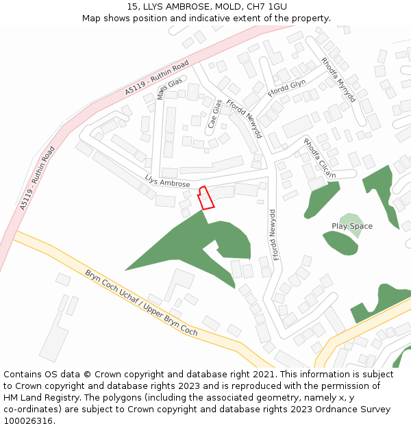 15, LLYS AMBROSE, MOLD, CH7 1GU: Location map and indicative extent of plot